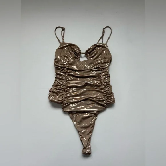 Zara Metallic Gold Slick Ruched Bodysuit Party Glam Statement Piece M Sleeveless - Picture 2 of 11